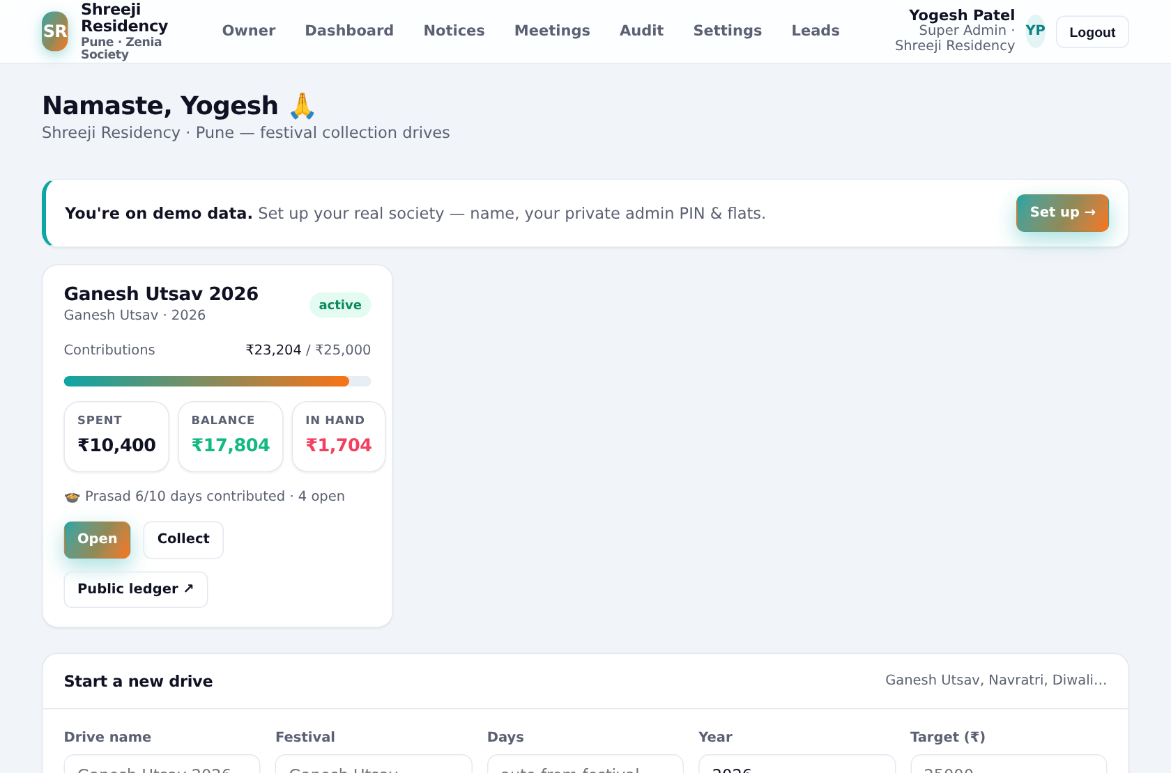Zenia Society dashboard — live collections, expenses and event totals